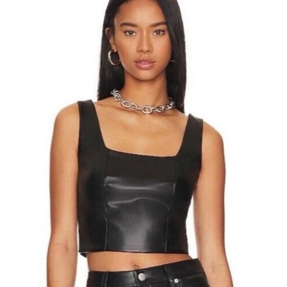 NWT Black vegan‎ faux leather LBLC THE LABEL brand square neck cropped tank top
